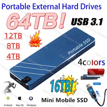 Горячий Мини Портативный 2 ТБ SSD Type-C/USB3.1 Внешний мобильный твердотельный накопитель Высокоскоростной 8 ТБ 16 ТБ 64 ТБ Жесткий диск для ноутбука