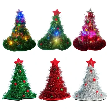 Мигающая Рождественская елка, Шляпа со светодиодной подсветкой, Детские шелковые шляпы от дождя, Реквизит для костюмов для вечеринки, Детский праздничный костюм, детская блестящая мишура, Шляпа Санты